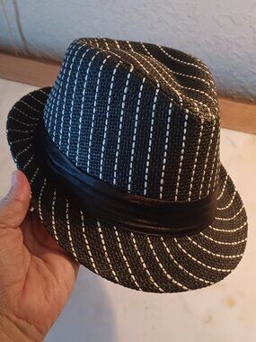 Magid Black Pinstripe Fedora Trilby Hat Womens 22" Paper Straw Retro Jazz